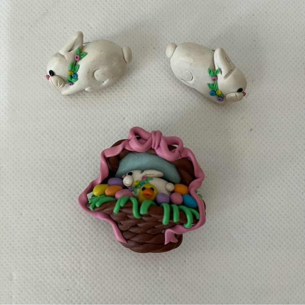 Vintage Easter Bunny Earrings & Brooch Set Handmade Clay Art